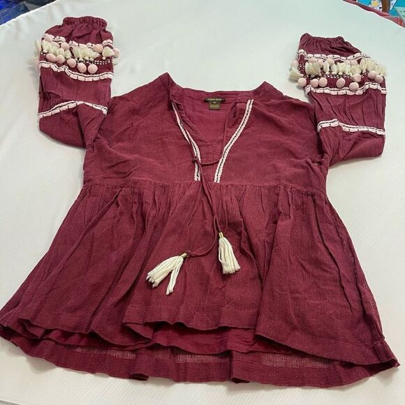 Anthropologie Vineet Bahl Pom Pom Burgundy Tunic Top Size Medium - Picture 7 of 11